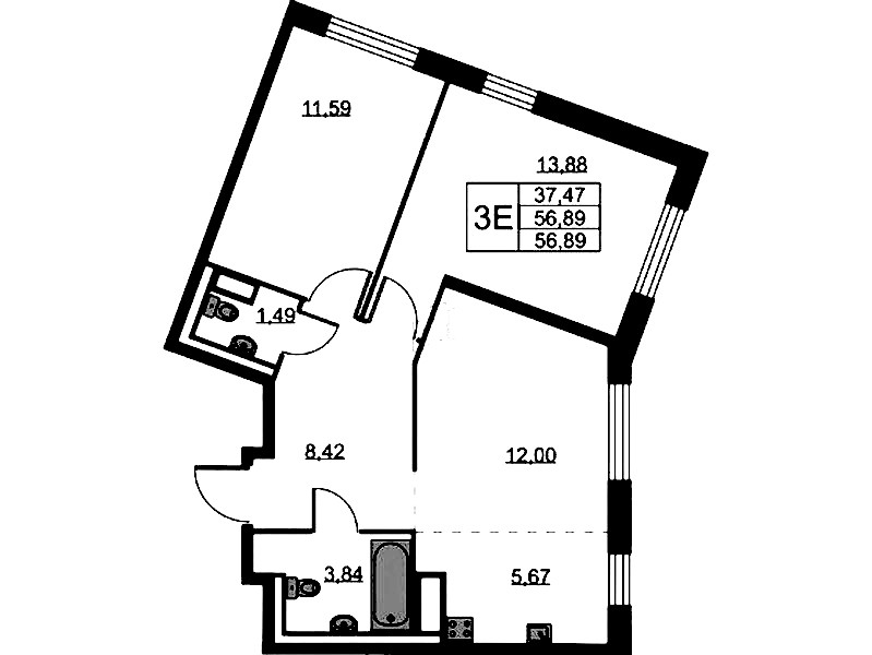 2-комнатная квартира 56.89 м², 9/9 эт., ЖК «Квартал Лаголово»